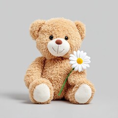 Obraz premium Cute plush teddy bear sitting with daisy flower in paw on gray background symbol of kindness and love