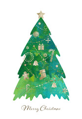 ゴールドのデコレーションを施したクリスマスツリー。ペイントテクスチャのイラスト。

