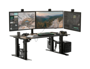 Gaming setup with triple monitors home office technology PNG, isolated on transparent background