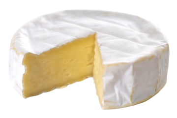 Whole camembert cheese with a slice removed isolated on white background