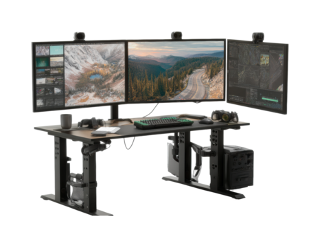 Gaming setup with triple monitors home office technology PNG, isolated on transparent background