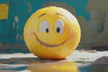 Yellow 3D smile face emoticon, 3D yellow smiley face emoticon with a broad smile and round eyes