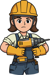 Female construction worker holding power drill, wearing hard hat and safety gloves, cartoon illustration for building, engineering, and trades