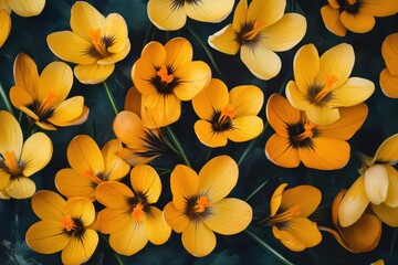 Yellow crocus flowers, Bright yellow crocus flowers blooming in a garden
