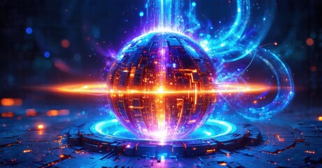 Fototapeta premium Futuristic sphere glows intensely. Complex circuitry radiates energy, resting upon illuminated platform. Dark background enhances vibrant colors.