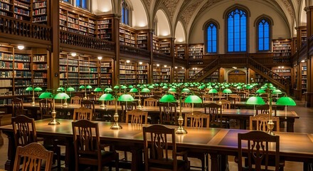 A Sea of Glowing Green Lamps in a Majestic, Gothic Revival Library Reading Room.