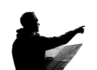 Navigating adventure traveler points at map outdoors action PNG, isolated on transparent background