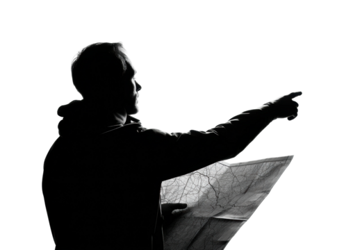 Navigating adventure traveler points at map outdoors action PNG, isolated on transparent background