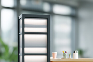 minimalist office environment features planner on wall with blurred white text bars creating elegant focus