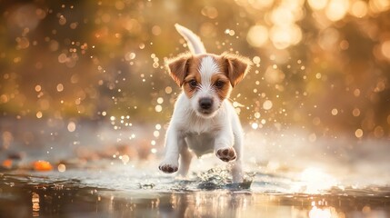 Cute puppy action shot: leaping into water puddle