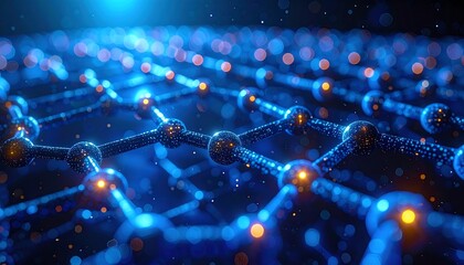 Close-up of a complex network of connected spheres, illuminated by blue and orange lights, against a dark background