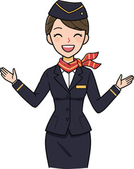 Smiling female flight attendant in uniform, wearing hat and scarf, welcoming gesture, cartoon illustration for aviation, airline, and travel services