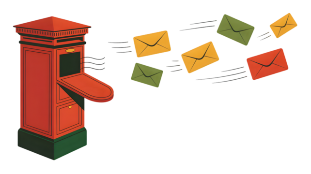 Red Postbox with Flying Envelopes - Mail Delivery Concept