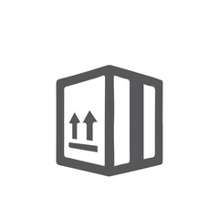Simple grey shipping box icon with upward arrows indicating proper handling. This vector illustration symbolizes logistics, parcel delivery, cargo transport, and supply chain management