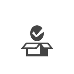 Icon of a confirmed order with an open box and check mark, symbolizing successful delivery, package received, and product approval