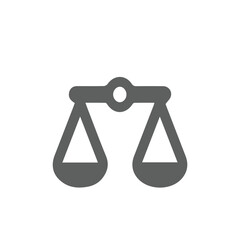 A stylized grey graphic representation of a balanced scale, symbolizing justice, fairness, equality, and equilibrium, against a plain white background, ideal for legal or ethical contexts