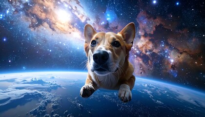 A corgi dog floating above Earth, with a star-filled galaxy as the backdrop. Its focused gaze adds a touch of wonder