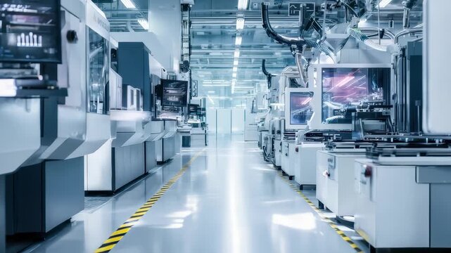 Explore a cutting edge electronics factory with advanced machinery and robotic assembly lines