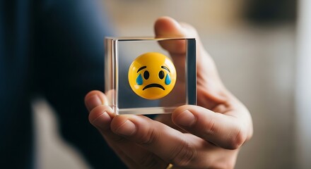 A hand holding a clear cube containing a yellow emoji with tears streaming down its face inside cube