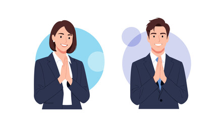 Obraz premium A man and a woman in business attire greet with hands pressed together.