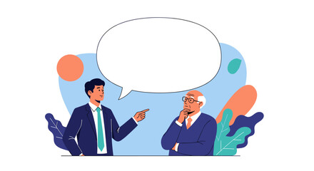 Two men in suits having a conversation with a large speech bubble above them.