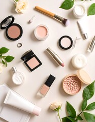 Flat lay of various makeup and skincare items, adorned with flowers and leaves