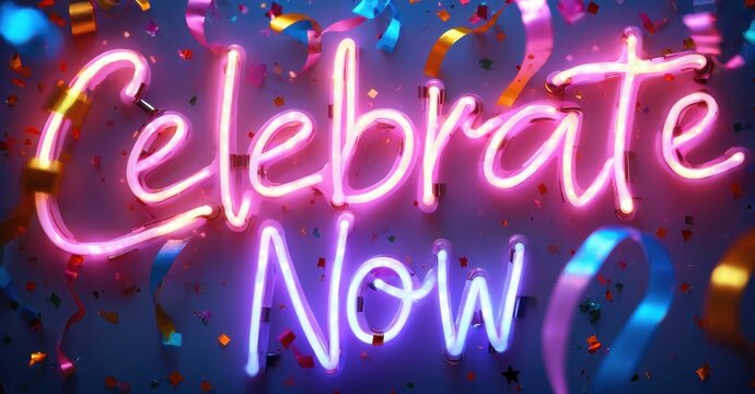 Bright neon sign displays Celebrate Now. Confetti surrounds glowing script. Festive, vibrant colors create joyful mood.