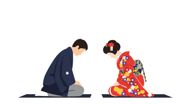 Two people in traditional Japanese clothing bowing to each other.