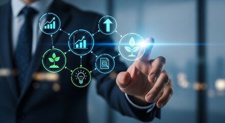 A businessman interacting with a digital interface displaying growth and sustainability icons