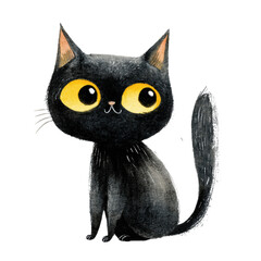 Fototapeta premium Hand painted Cute black cat with large yellow eyes in a playful pose for designs, isolated on transparent cutout background
