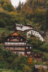 Hallstatt, Austria, October 3, 2024: cottages on the hillside on a rainy autumn day