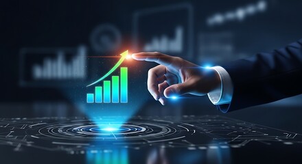 Hand interacting with holographic graph showing upward trend on futuristic interface display
