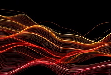 Obraz premium Abstract Red, Orange, and Yellow Light Waves on Black Background for Energy, Tech, or Digital Design Use 