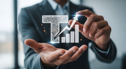 Person holding digital t letter with rising graph in hands wearing a suit jacket indoors