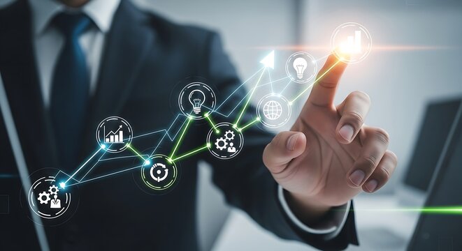 Businessman touching digital screen with growth chart and business related icons displayed on it - Powered by Adobe