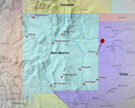Colorful location map with red stick pin at _Clovis, New Mexico, United States of America, USA and the surrounding area