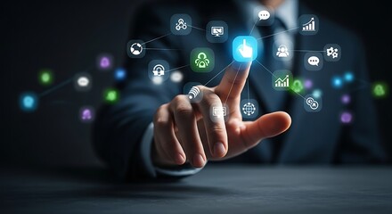 A person touching a digital interface with various icons connected by lines in a dark setting