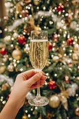 Hand holding champagne glass with golden sparkling wine in festive Christmas holiday atmosphere