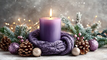Purple candle with knitted scarf and Christmas decorations of pine cones, baubles, fir branches and lights