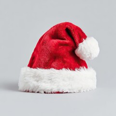 Red Santa hat with white fur trim and pompom festive Christmas accessory isolated on light gray background