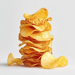 Golden crispy potato chips stacked high with crunchy texture isolated on white background snack concept