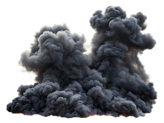 Dark grey smoke explosion cloud isolated on white background