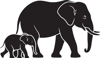 Black silhouette of adult and baby elephant walking 1
