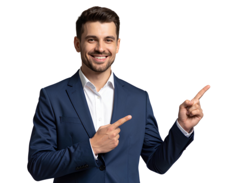 Man Smiling and Pointing Confidently, Dressed Smartly Against isolated on a transparent background.