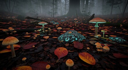 Enchanted Forest Floor with Bioluminescent Mushrooms and Mystical Glowing Orb.