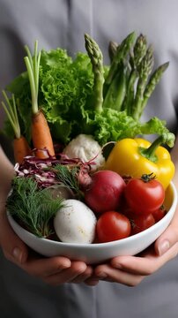 A person is holding a bowl filled with vibrant, fresh vegetables, including asparagus, lettuce, and various colorful produce from a local market
