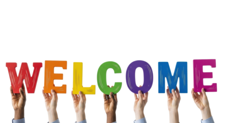 Diverse adult hands of various skin tones collaboratively holding large, vibrantly painted wooden letters spelling 'WELCOME' against a transparent studio backdrop with copy space. Concept of unity and