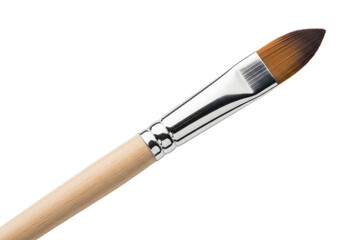 Pristine art paint brush, light wooden handle, silver ferrule, dark brown bristles on transparent background with copy space. Bright studio close-up, concept of new art