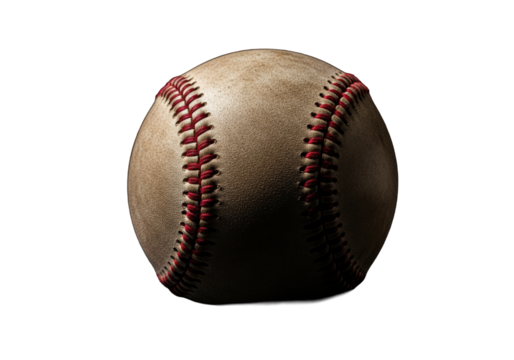 A well-worn vintage baseball with frayed red stitching, on a deep black background, subtle bokeh, dramatic low-key lighting, concept of baseball history and nostalgia