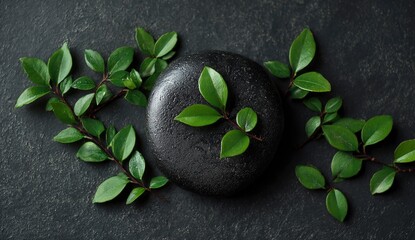 Zen garden: black stone and green leaves